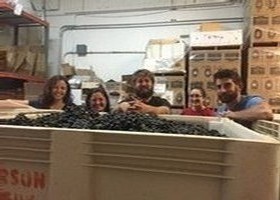 The team welcomes freshly harvested grapes