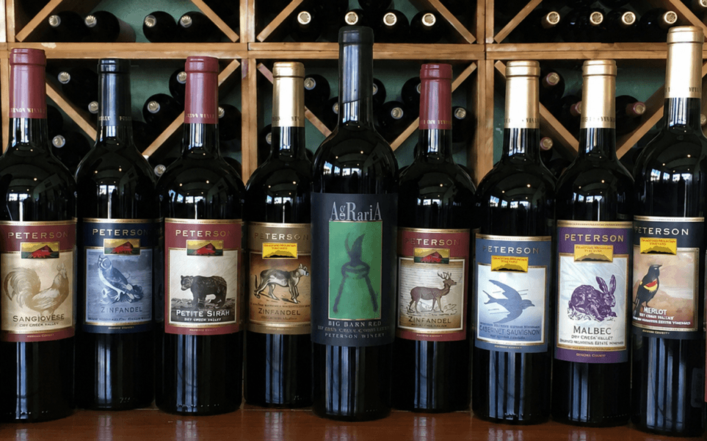 Selection of Peterson Winery wines displayed together